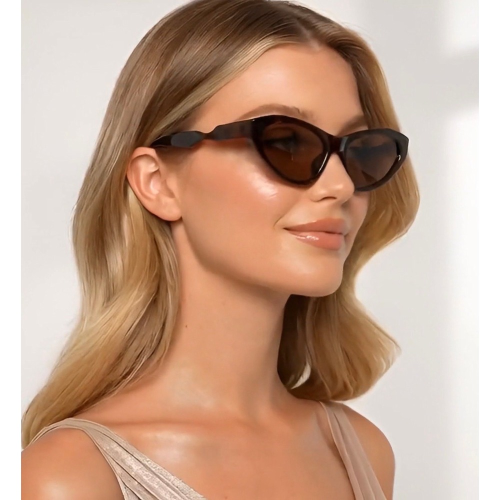 Narrow Cat Eye Sunglasses Brown Tortoise Retro Slim Wavy Temple Women Shades